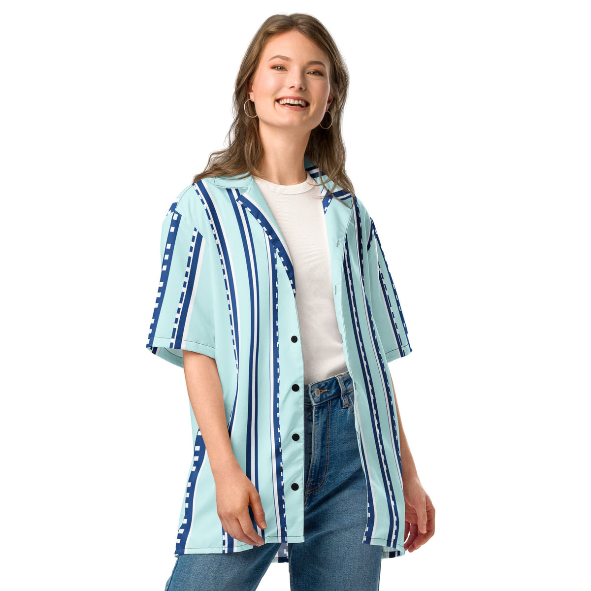 Good Wishes 365 retro pastel cyan button-down shirt with navy and white vertical stripes worn over a white top and jeans.