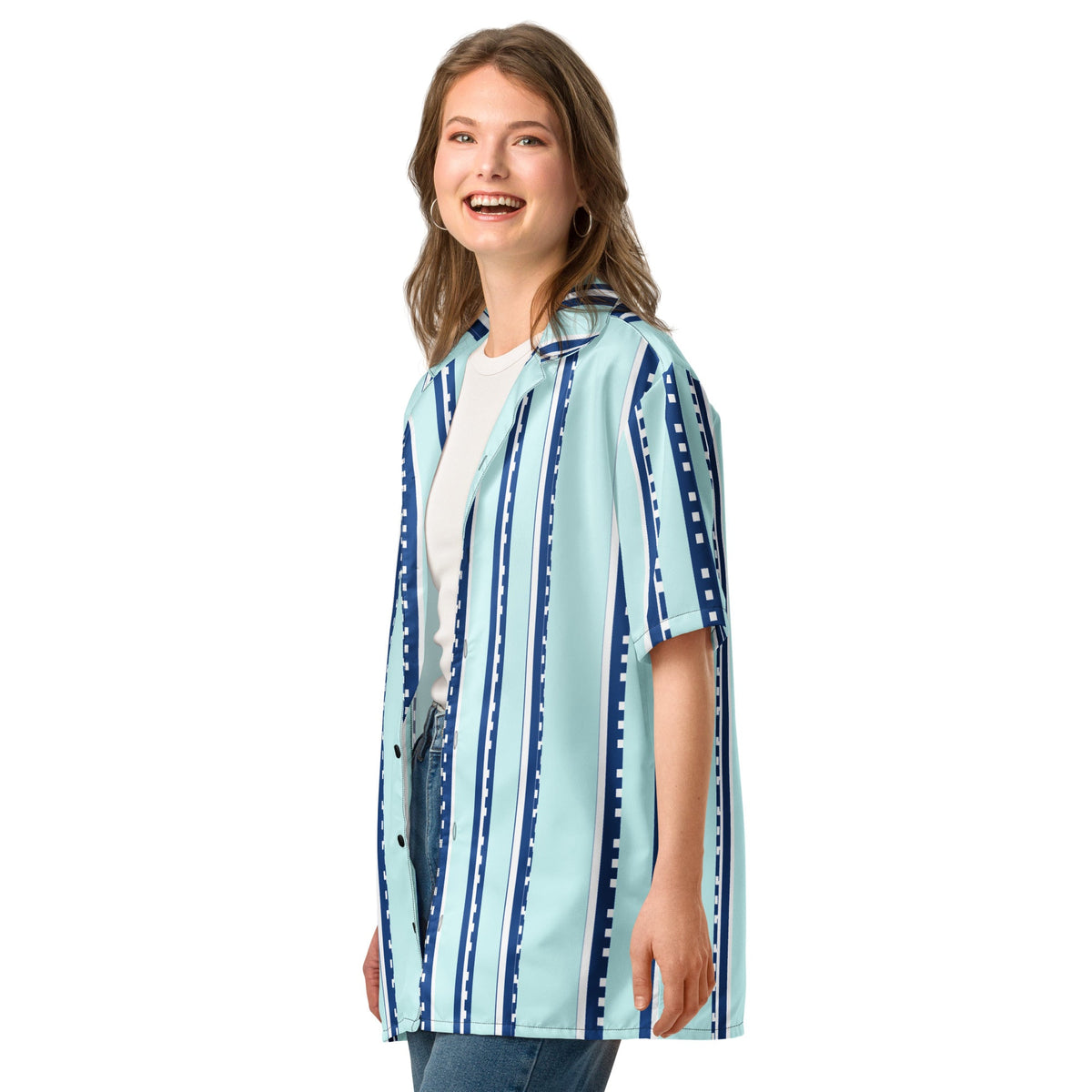 Good Wishes 365 retro pastel cyan button-down shirt with navy and white vertical stripes worn by a smiling woman.