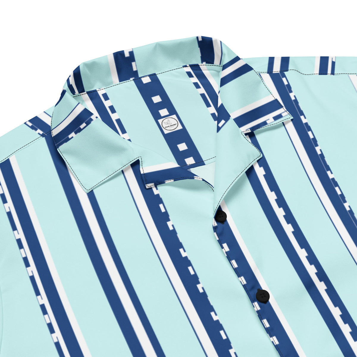 Good Wishes 365 retro pastel cyan button-down shirt with vertical navy and white geometric stripes and classic collar.