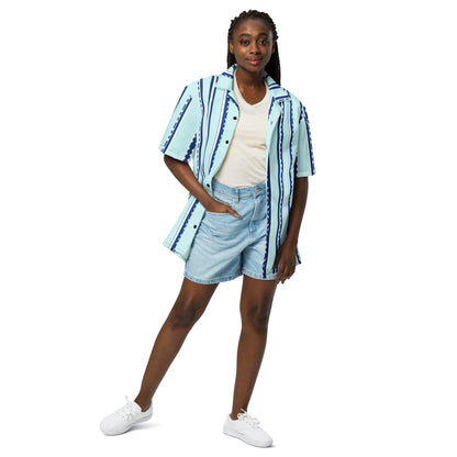 Good Wishes 365 retro pastel cyan striped short sleeve button shirt worn open over a white tank and denim shorts