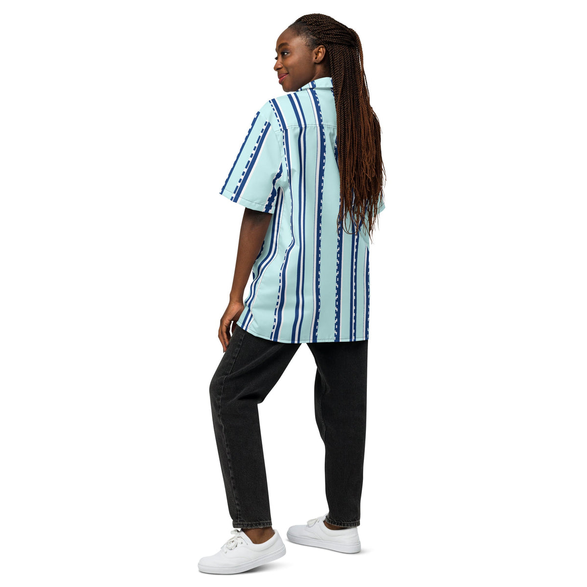 Good Wishes 365 retro pastel cyan striped short sleeve button shirt worn by a woman with braids, back view.