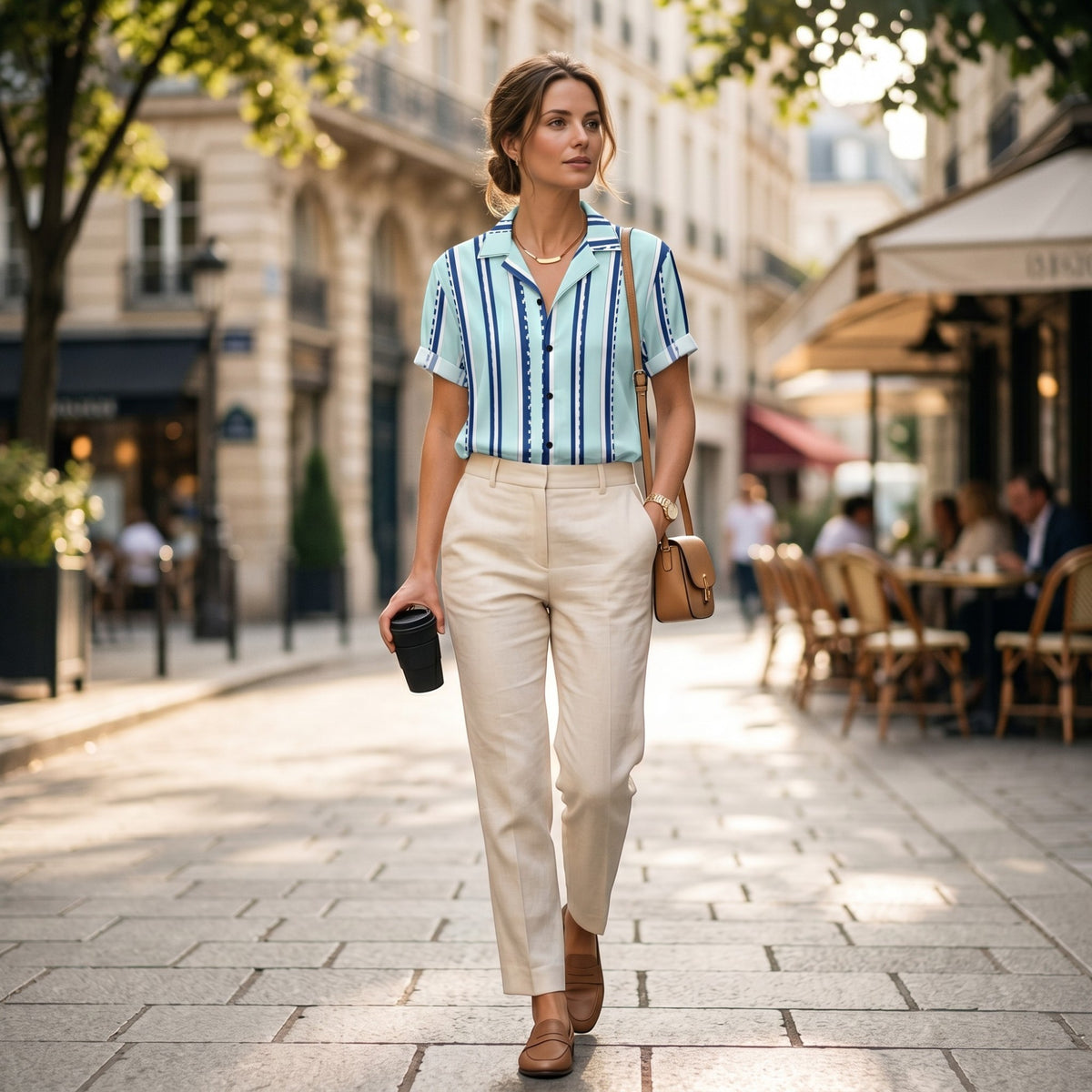 Good Wishes 365 retro pastel cyan striped short sleeve button shirt worn by a woman with beige trousers on a street