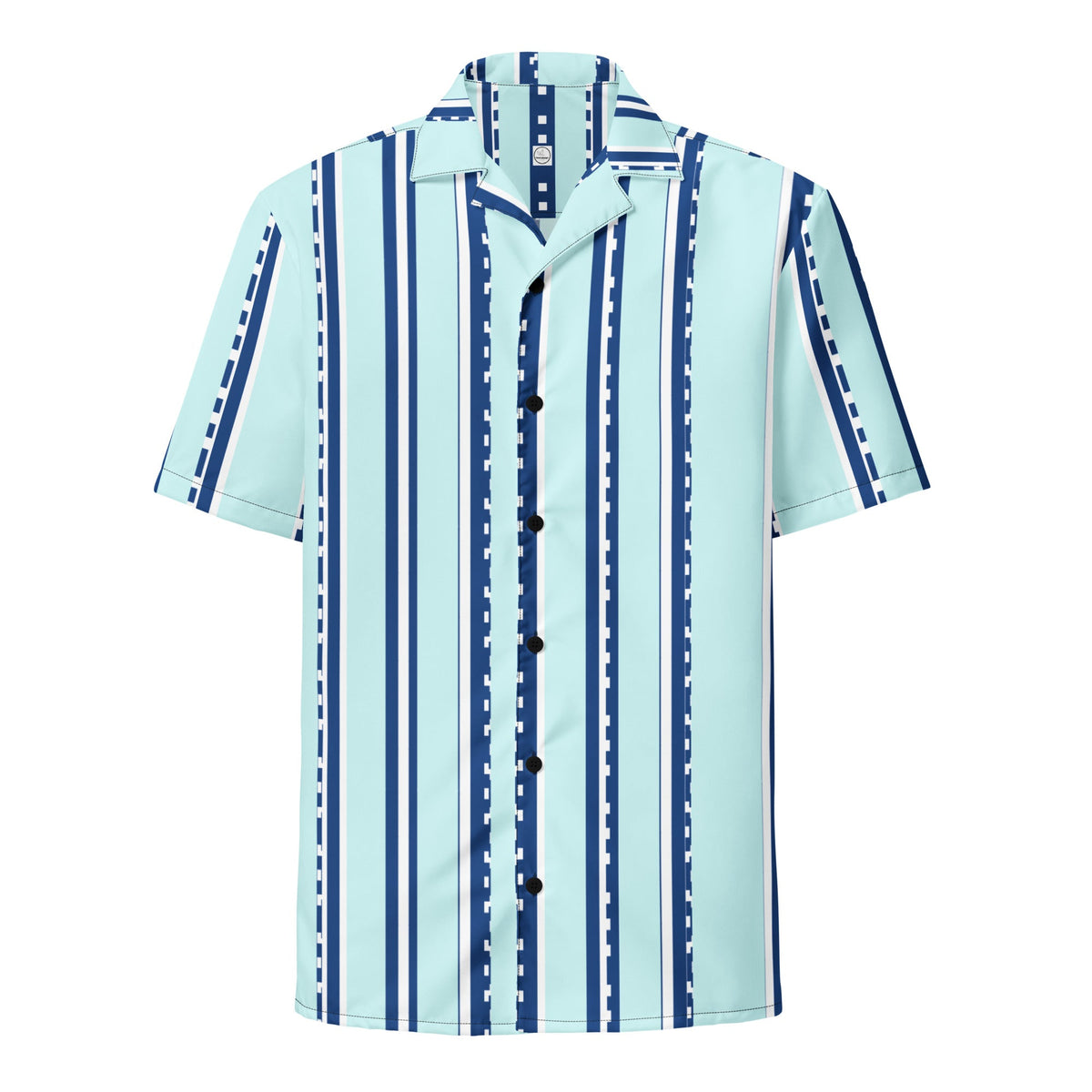 Good Wishes 365 women's retro pastel cyan short sleeve button shirt with vertical navy and white geometric stripes.