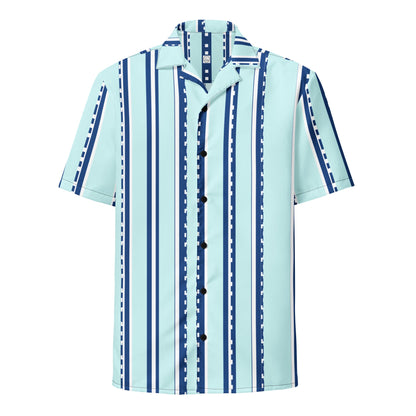 Good Wishes 365 women's retro pastel cyan short sleeve button shirt with vertical navy and white geometric stripes.