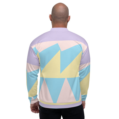 Good Wishes 365 unisex bomber jacket featuring a pastel geometric print in blue, yellow, and lavender on a man's back.