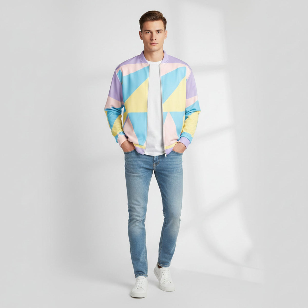 A man wears Good Wishes 365 unisex bomber jacket with pastel geometric print with pink, yellow, blue, and lavender panels, white pants, and white sneakers.