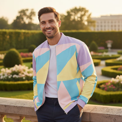 A man walking outdoors on a city sidewalk wearing a Good Wishes 365 pastel geometric bomber jacket with pink, yellow, blue, and lavender panels, navy pants, and white sneakers, smiling  in a garden at sunset.