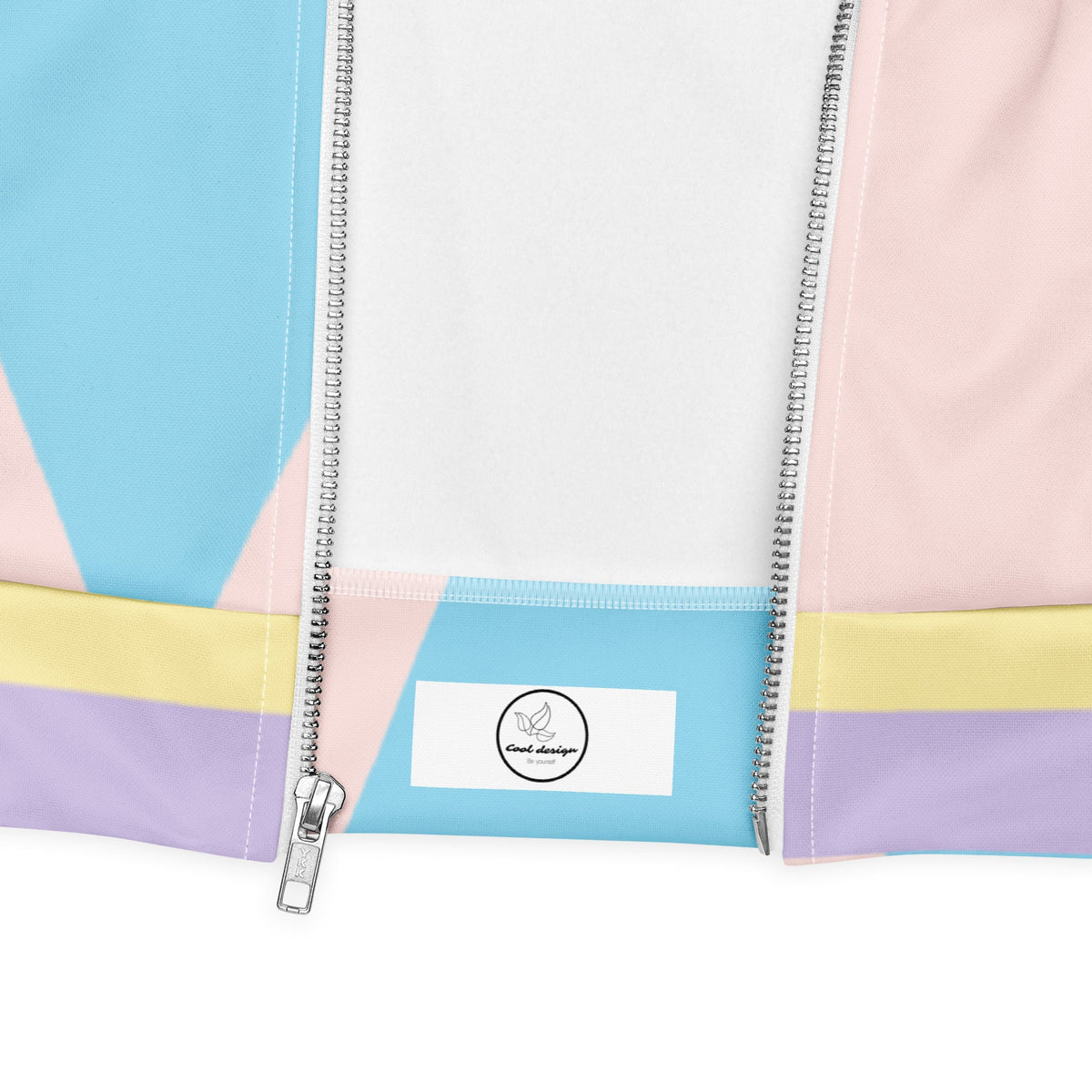 Good Wishes 365 unisex bomber jacket featuring a pastel geometric print, full-length zipper, and ribbed hem detail.