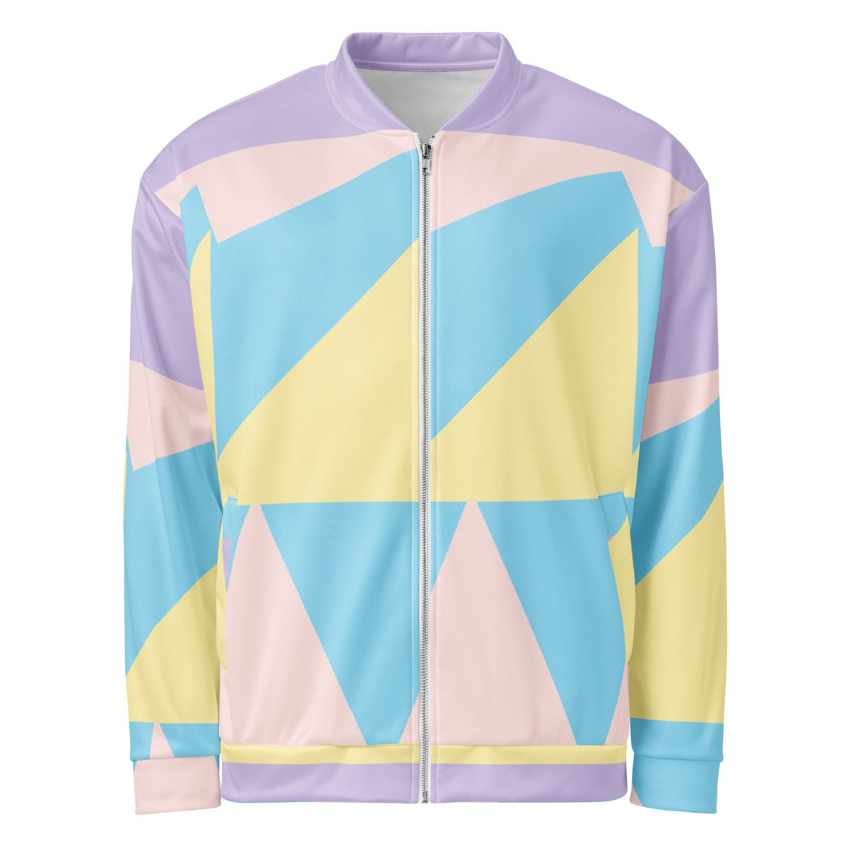 Good Wishes 365 unisex bomber jacket featuring a pastel geometric print in yellow, blue, and pink with a silver zipper.