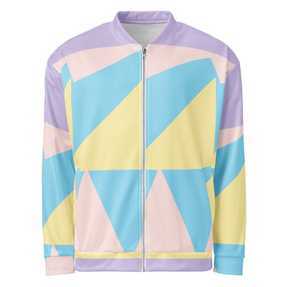Good Wishes 365 unisex bomber jacket featuring a pastel geometric print in yellow, blue, and pink with a silver zipper.
