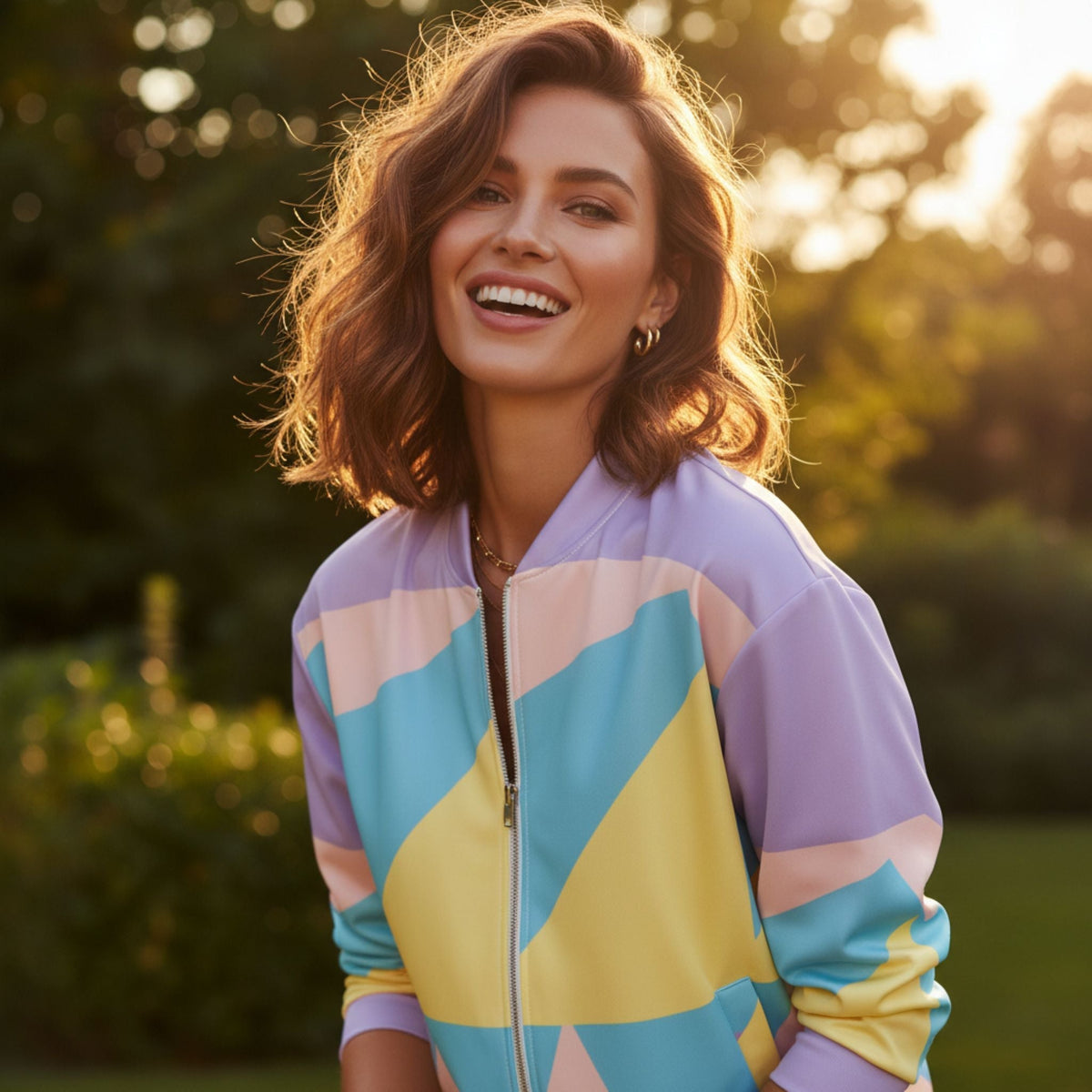 Good Wishes 365 unisex bomber jacket with pastel geometric print, featuring a silver zipper, worn by a smiling woman.