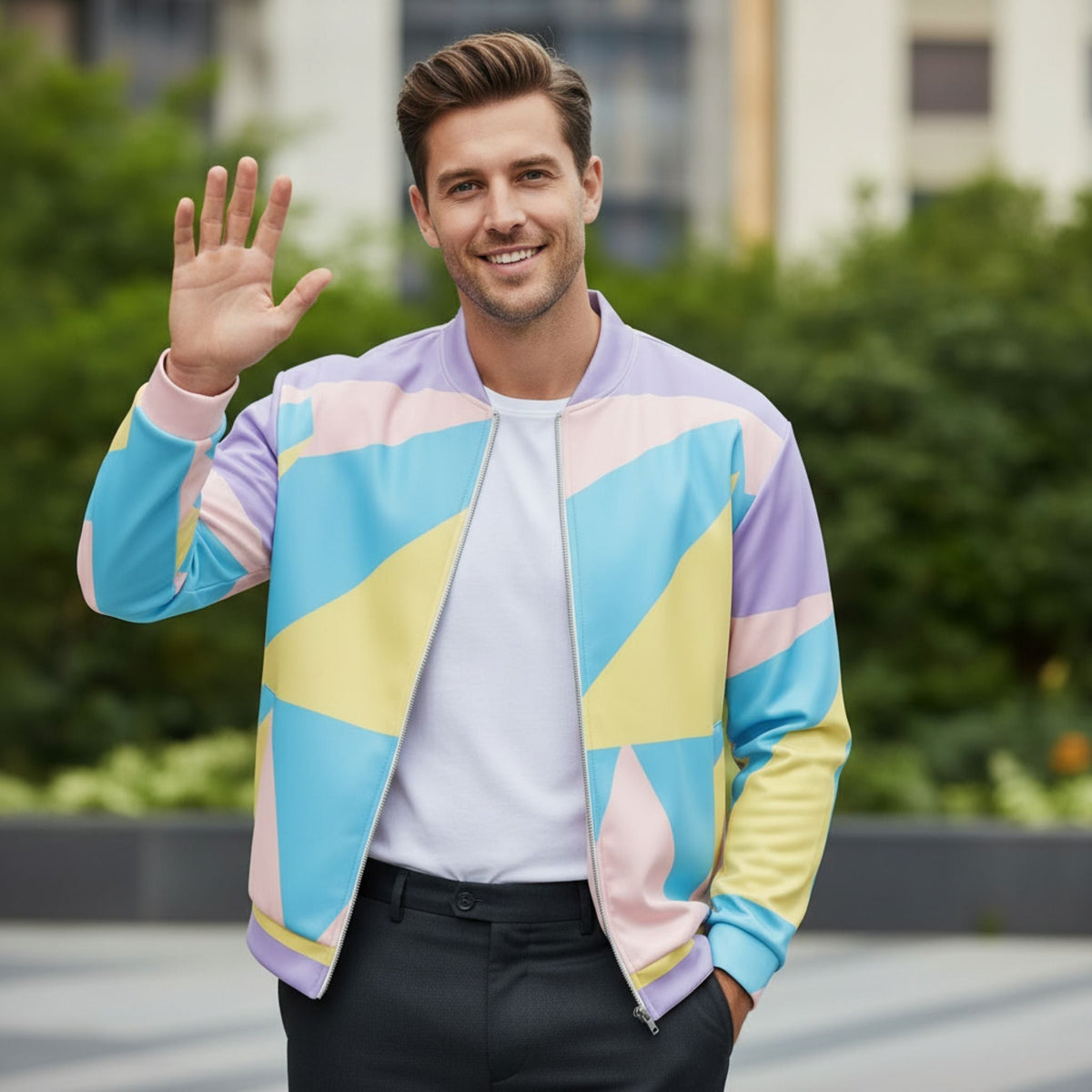 Good Wishes 365 unisex bomber jacket with pastel geometric print worn by a smiling man waving in an outdoor setting