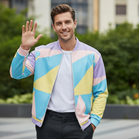 Good Wishes 365 unisex bomber jacket with pastel geometric print worn by a smiling man waving in an outdoor setting