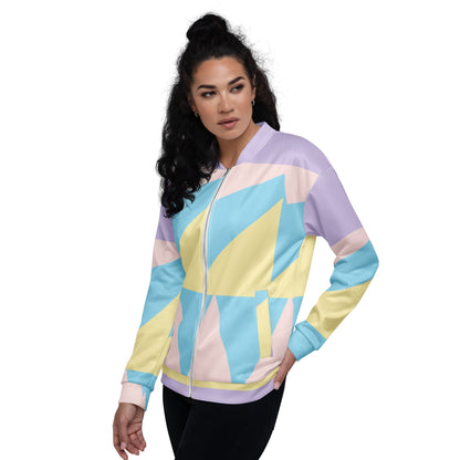 Good Wishes 365 unisex bomber jacket with pastel geometric print, silver zipper, and brushed fleece interior.