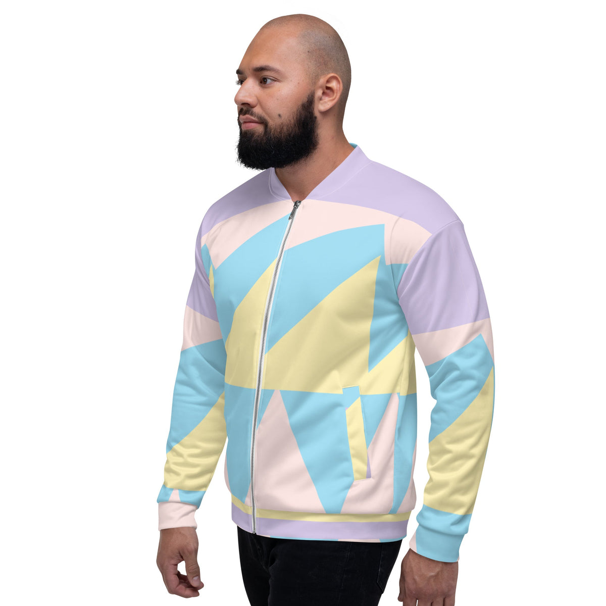Good Wishes 365 unisex bomber jacket with a pastel geometric print, featuring a front zipper and ribbed trim.