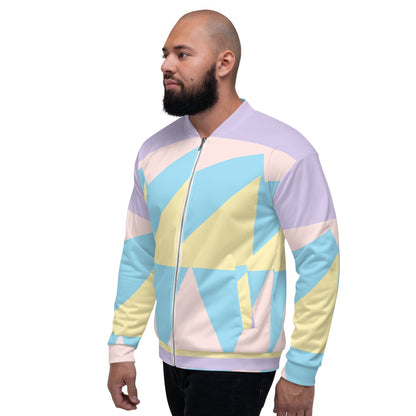 Good Wishes 365 unisex bomber jacket with a pastel geometric print, featuring a front zipper and ribbed trim.