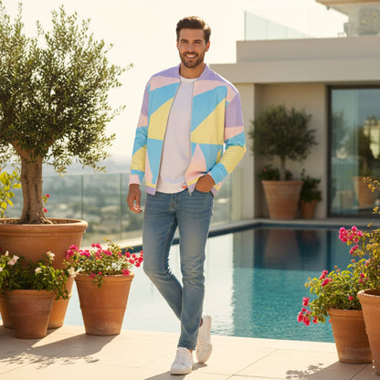 A man walking outdoors on a city sidewalk wearing a pastel geometric bomber jacket with pink, yellow, blue, and lavender panels, jeans, and white sneakers near a white building which has a swimming pool.