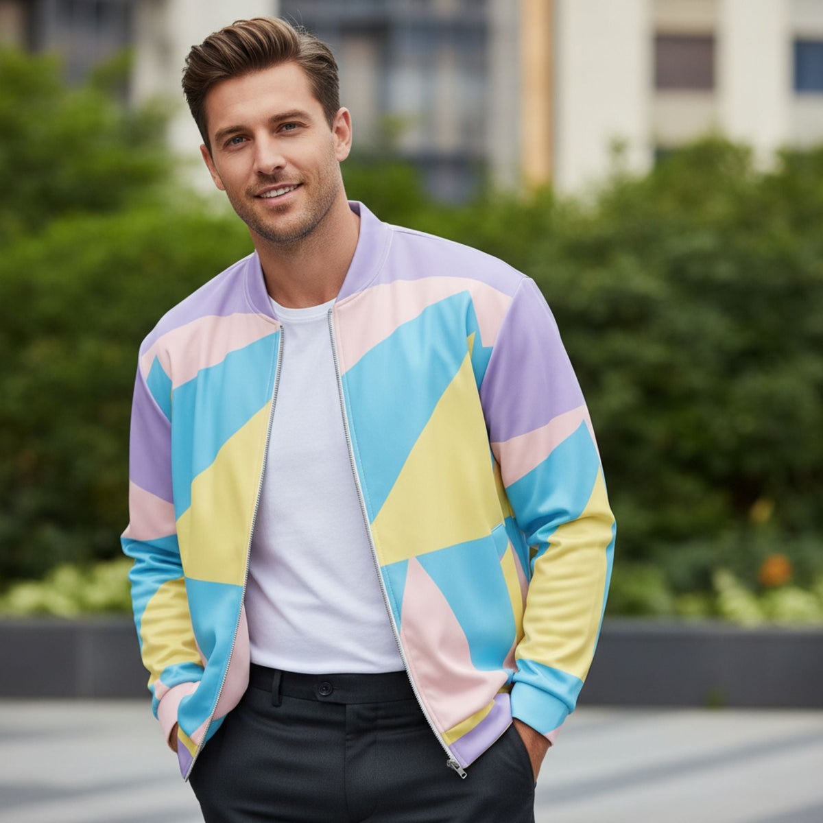 A man outdoors wearing the Good Wishes 365 pastel geometric patterned bomber jacket with purple, blue, yellow, and pink panels, styled with a white t-shirt and black pants.