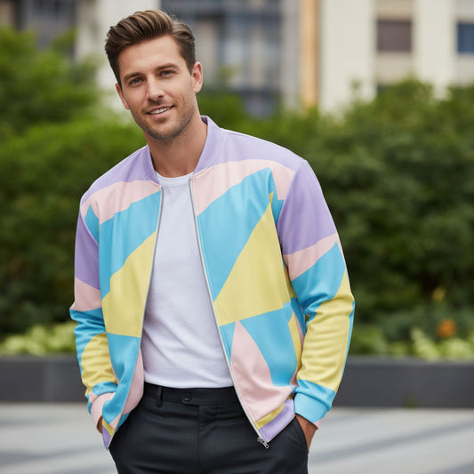 A man outdoors wearing the Good Wishes 365 pastel geometric patterned bomber jacket with purple, blue, yellow, and pink panels, styled with a white t-shirt and black pants.