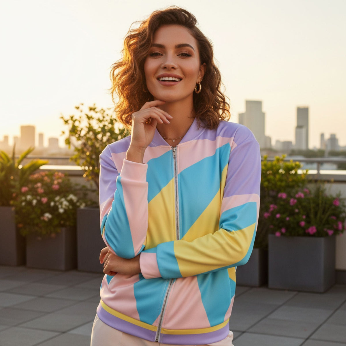 Good Wishes 365 unisex bomber jacket with pastel geometric print, featuring a silver zipper on a rooftop setting.