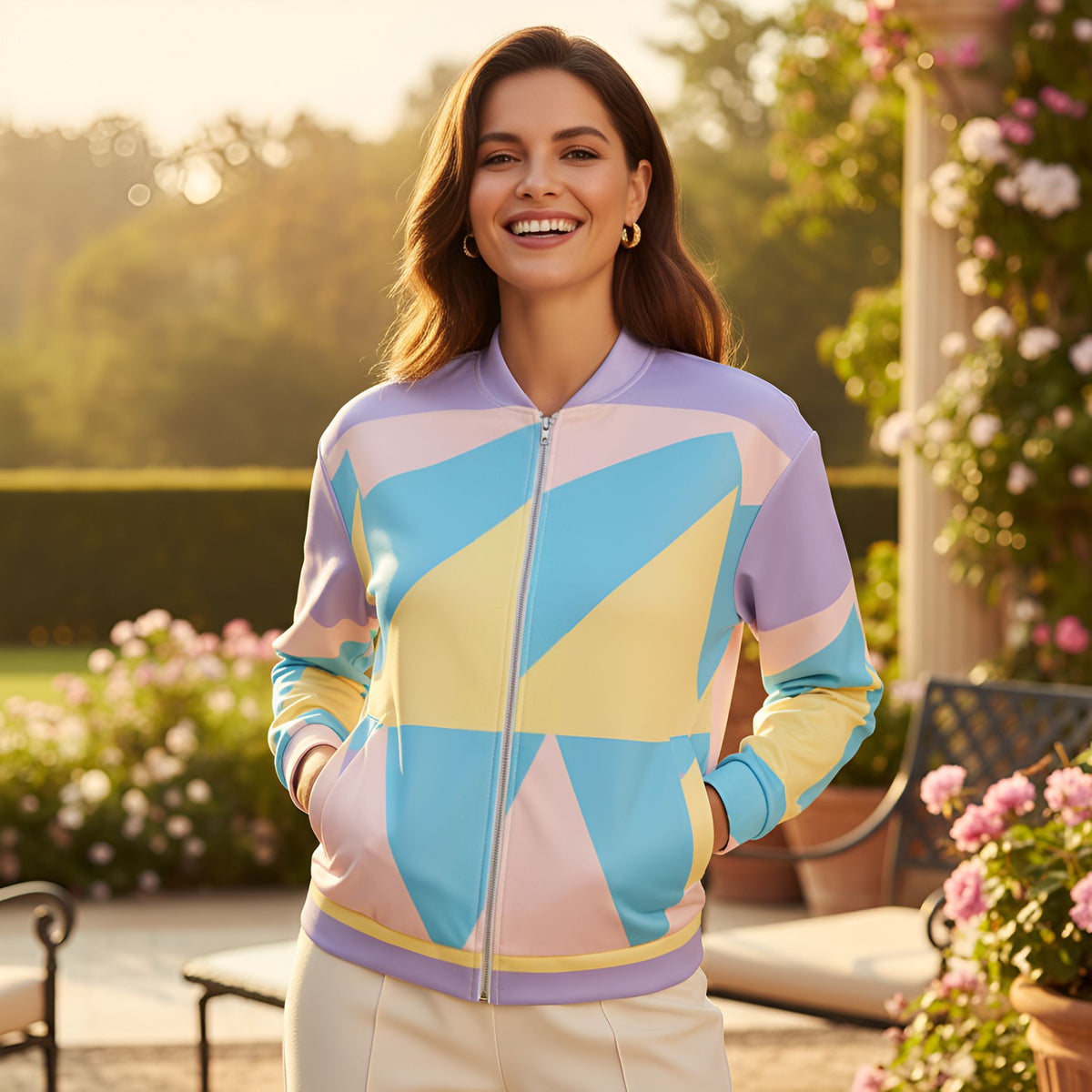 Good Wishes 365 unisex bomber jacket featuring a pastel geometric print in blue, yellow, and pink, worn by a woman.