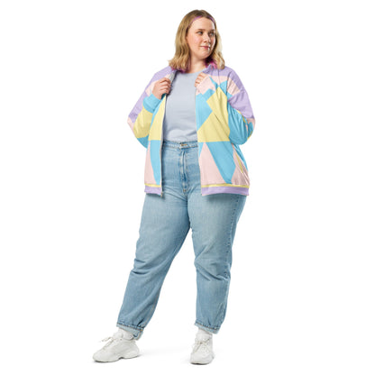 Good Wishes 365 unisex bomber jacket with pastel geometric print, silver zipper, and brushed fleece interior.