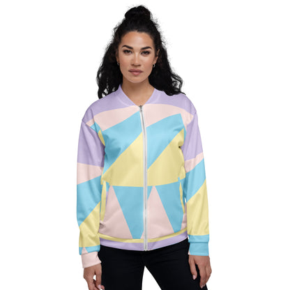 Model wearing a Good Wishes 365 unisex bomber jacket with a pastel geometric print, silver zipper, and fleece lining.