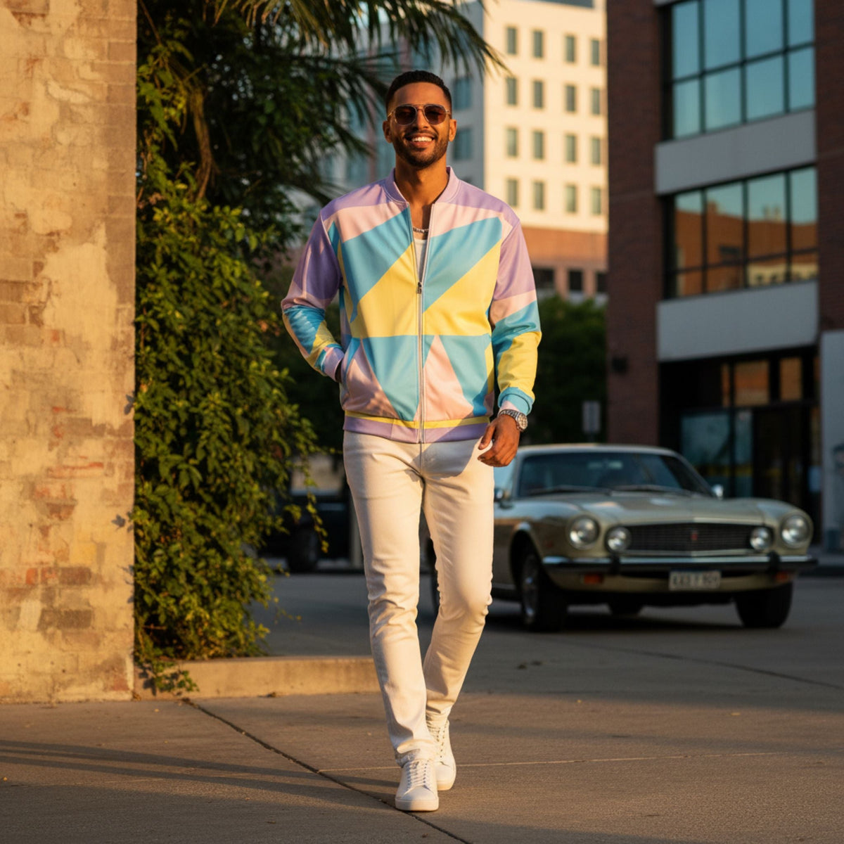 A man walking outdoors on a city sidewalk wearing a pastel geometric bomber jacket with pink, yellow, blue, and lavender panels, white pants, and white sneakers, walking on a city street at sunset.