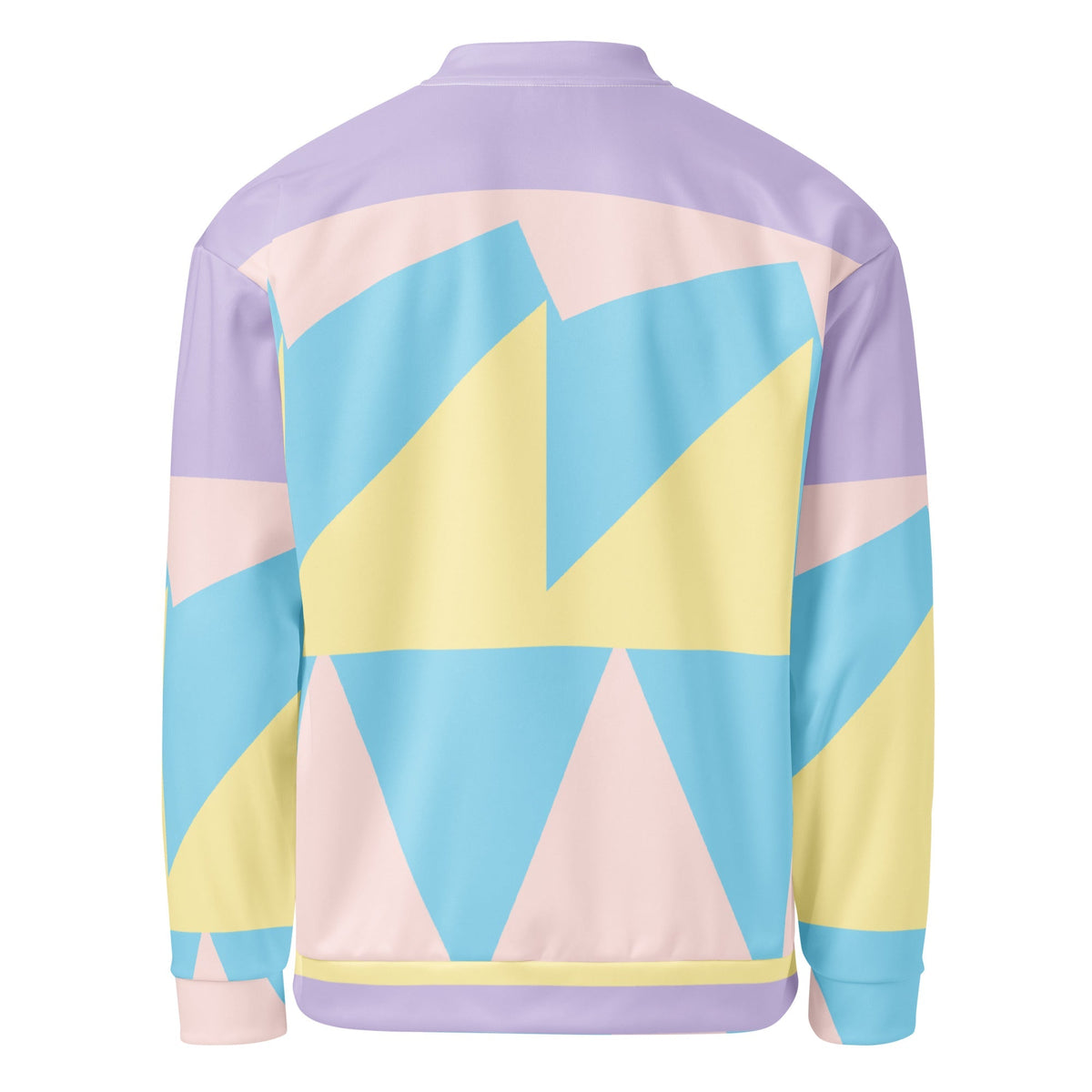 Good Wishes 365 unisex bomber jacket with a pastel geometric print in yellow, blue, and lavender on polyester fleece.