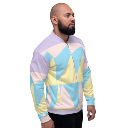 Good Wishes 365 unisex bomber jacket with a pastel geometric print, featuring a front zipper and ribbed trim.