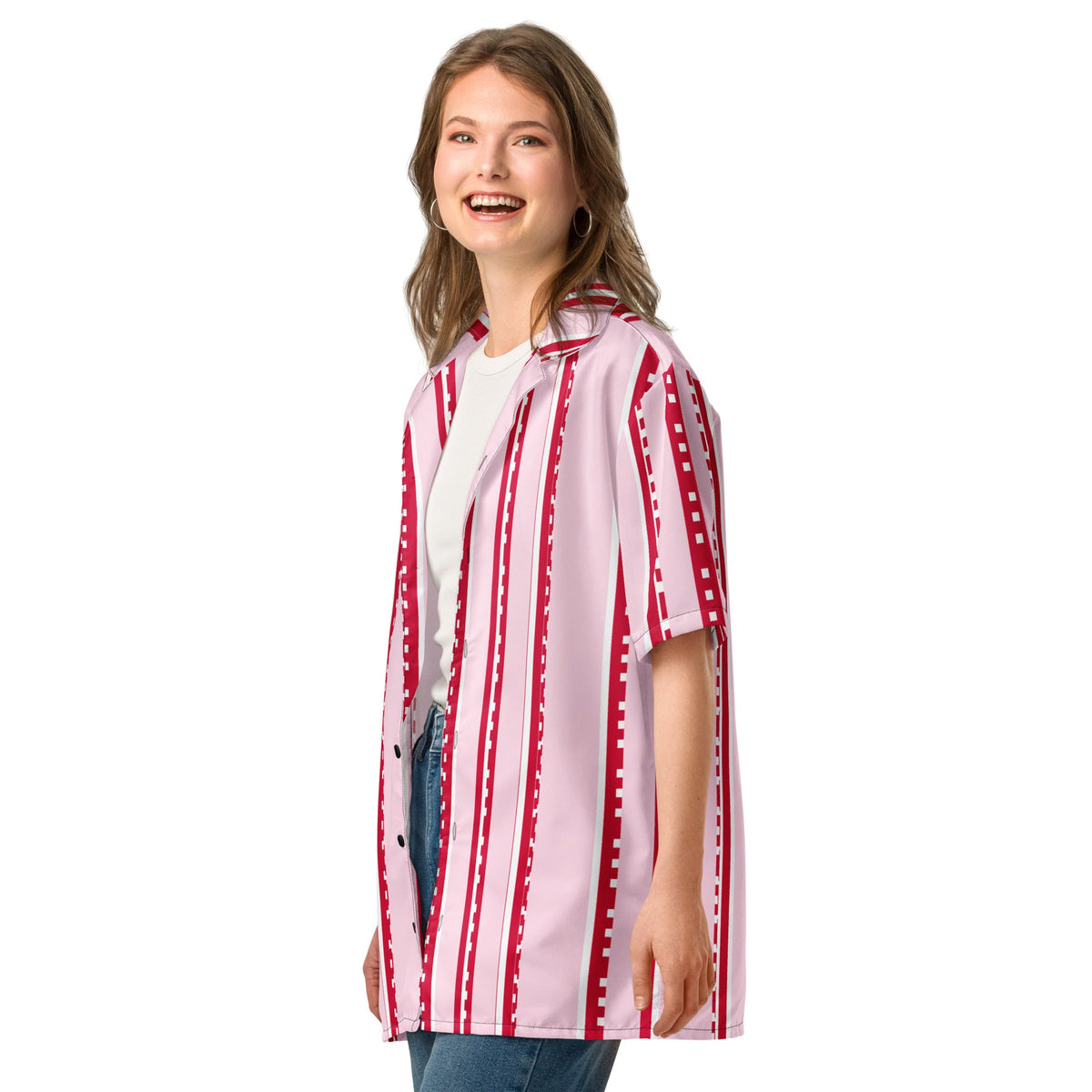 Good Wishes 365 pastel pink button-down shirt with red and white pixelated stripes worn by a smiling woman