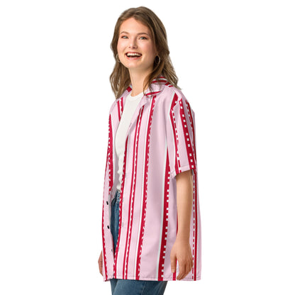 Good Wishes 365 pastel pink button-down shirt with red and white pixelated stripes worn by a smiling woman