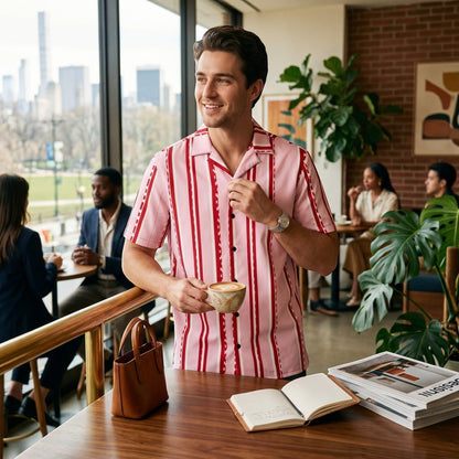 Good Wishes 365 pastel pink short-sleeve button shirt with red and white pixelated stripes on a man in a cafe.