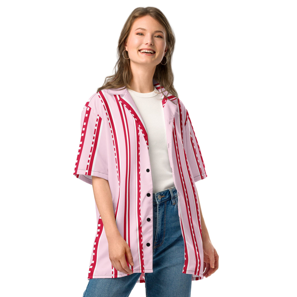 Good Wishes 365 retro pastel pink button shirt with red and white pixelated stripes worn by a smiling woman.