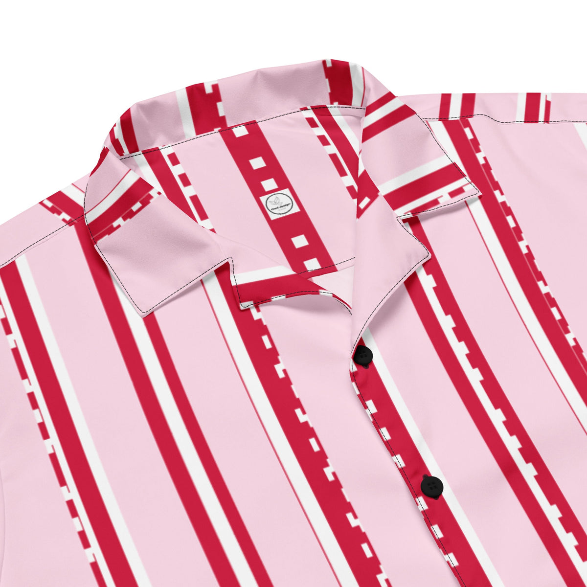 Good Wishes 365 pastel pink short sleeve button shirt with red and white pixelated vertical stripes and camp collar.