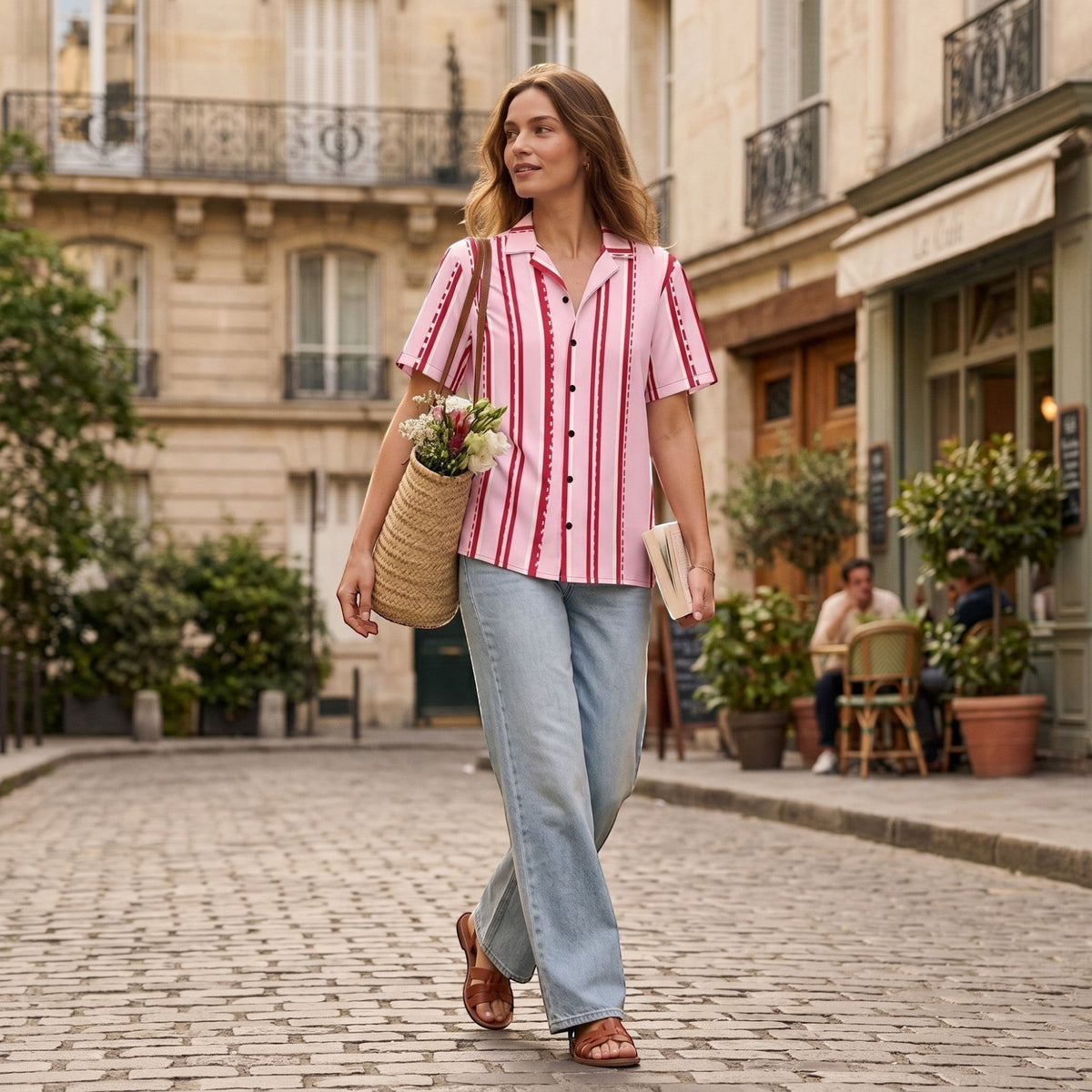 Good Wishes 365 pastel pink short sleeve button shirt with red stripes worn by a woman on a cobblestone street.