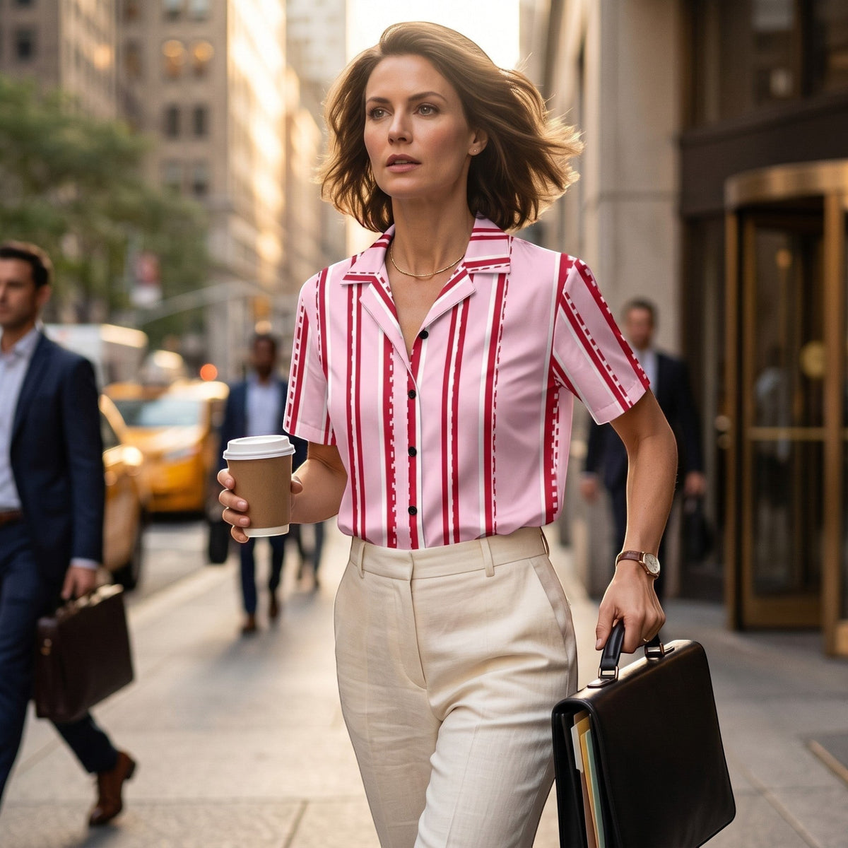 Good Wishes 365 retro pastel pink short sleeve button shirt with red and white stripes worn by a woman in the city.