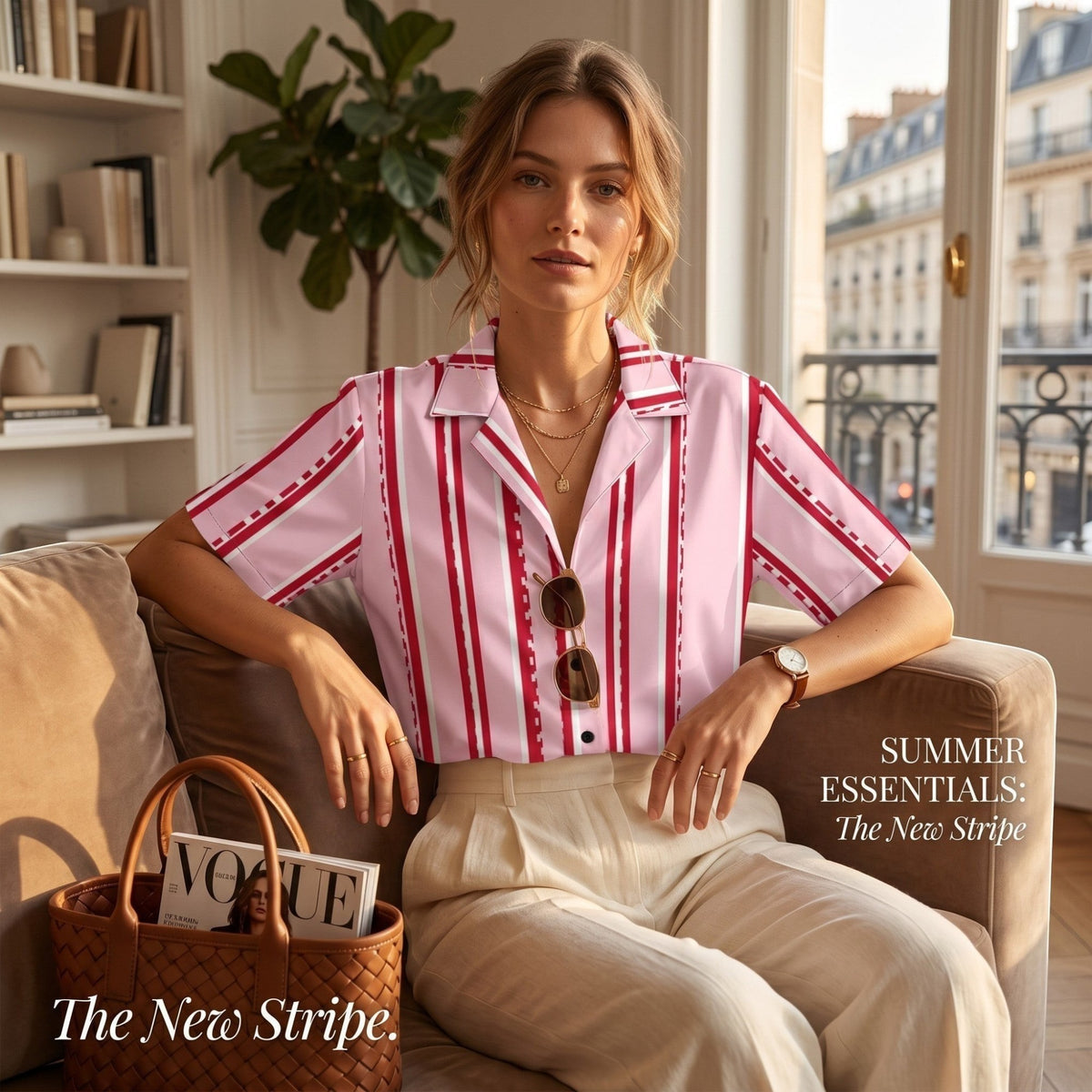 Good Wishes 365 pastel pink short sleeve button shirt with red and white pixelated stripes on a woman sitting on a sofa