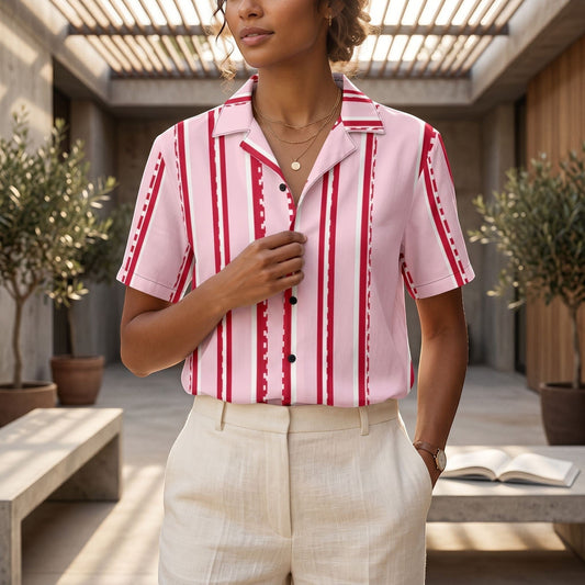 Good Wishes 365 retro pastel pink button shirt with red vertical stripes and camp collar worn by a woman
