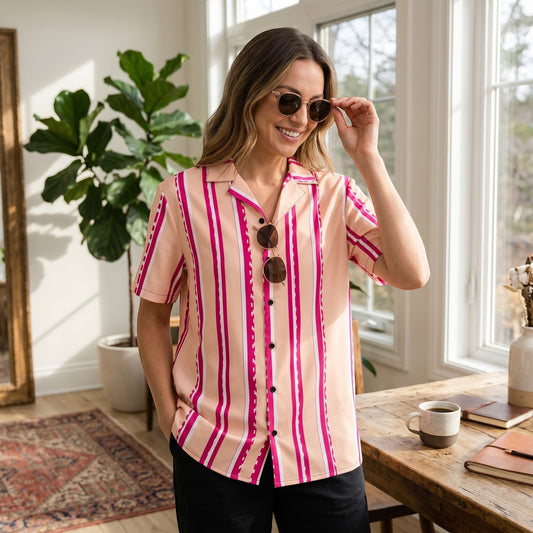 Good Wishes 365 retro pastel blush button shirt with magenta stripes, camp collar, and short sleeves on a woman.