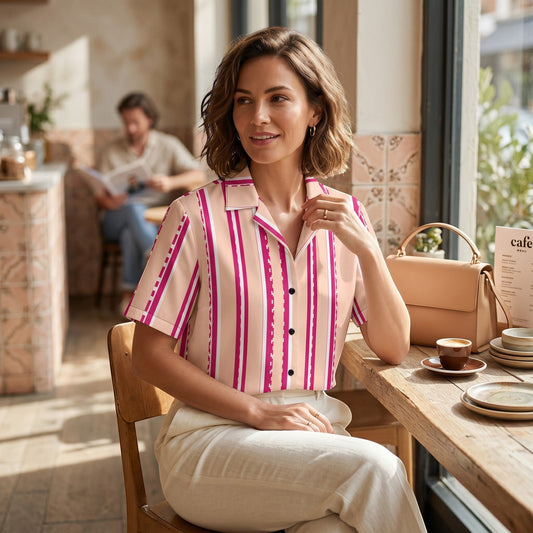 Good Wishes 365 retro pastel blush striped button-down shirt with magenta accents, worn by a woman in a cafe.