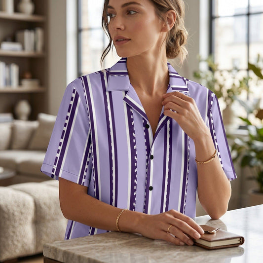 Good Wishes 365 retro pastel violet short sleeve button shirt with vertical geometric stripes on a woman