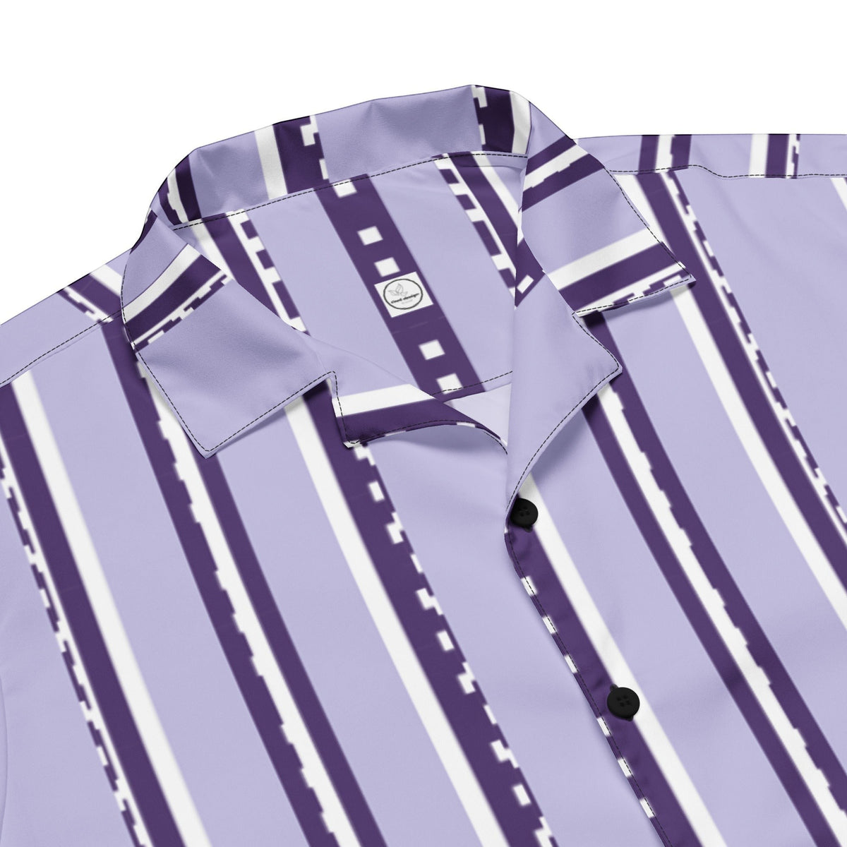 Good Wishes 365 retro pastel violet button-down shirt with vertical geometric stripes and a relaxed collar.