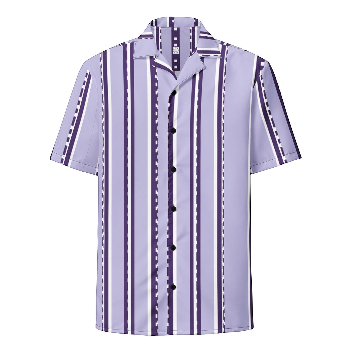 Good Wishes 365 retro pastel violet short sleeve button shirt with vertical geometric stripes and a relaxed fit.
