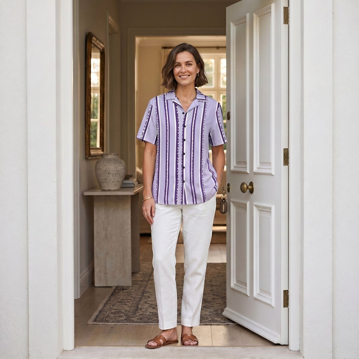 Good Wishes 365 model wearing a pastel violet and white vertical striped short sleeve button-down shirt with white pants.