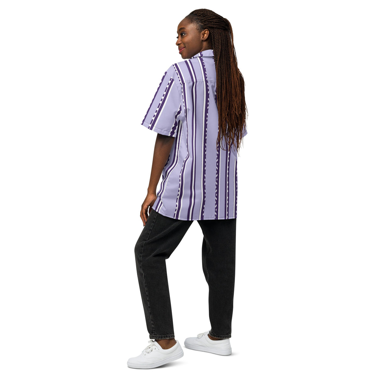Good Wishes 365 retro pastel violet striped short sleeve button shirt worn by a woman with braids and black jeans.