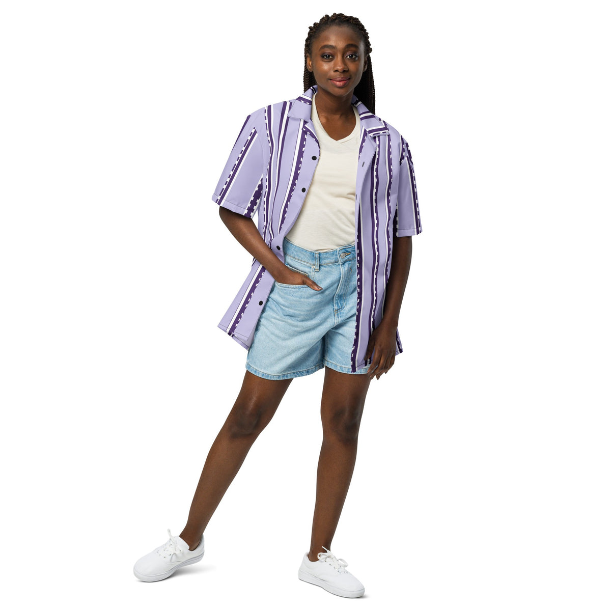 Model wearing a Good Wishes 365 retro pastel violet and white striped short sleeve button-down shirt with denim shorts.