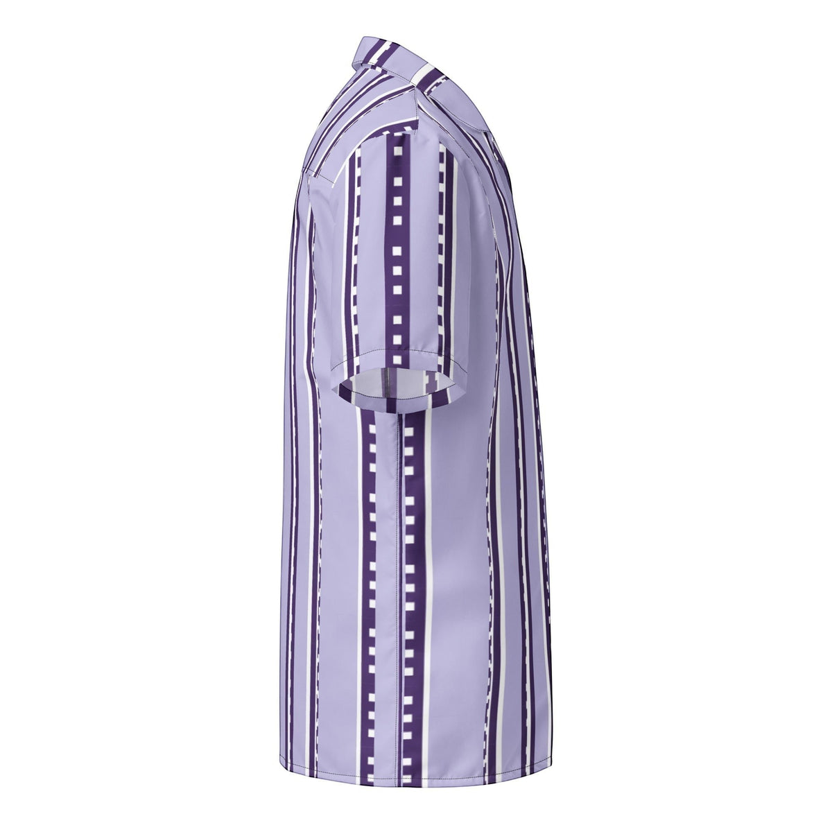 Good Wishes 365 retro pastel violet short sleeve button shirt with vertical geometric stripes, side view.