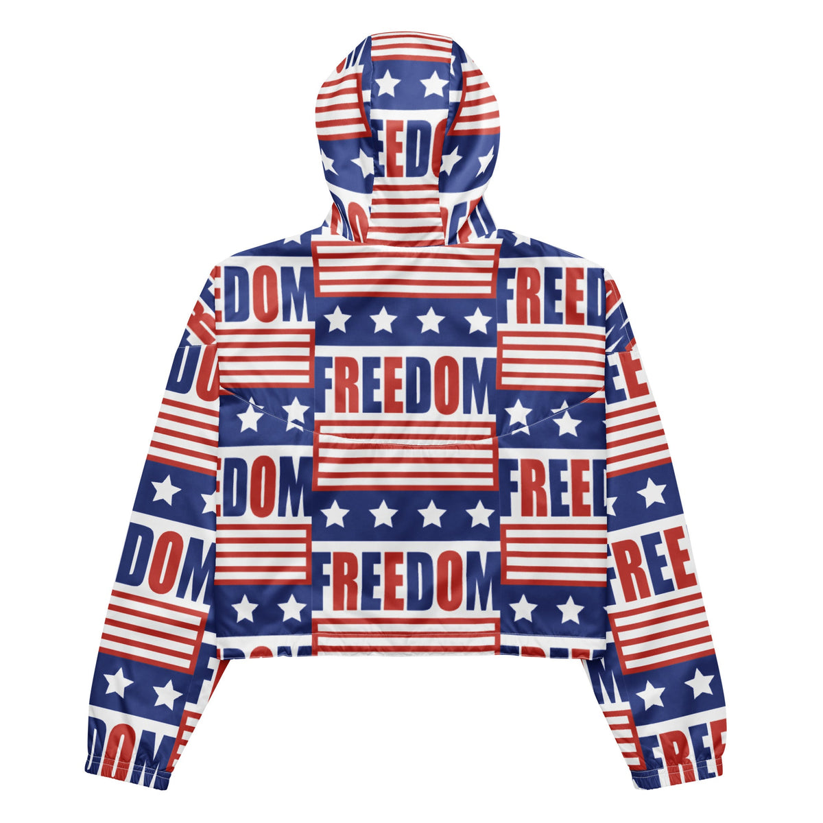 Good Wishes 365 women's cropped windbreaker with all-over USA flag and Freedom print, featuring a hood and back view.