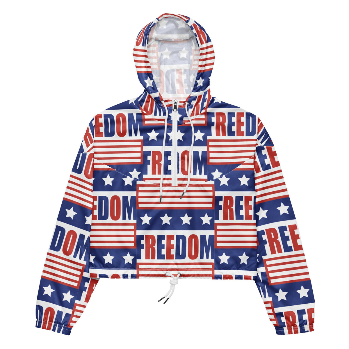 Good Wishes 365 women's cropped windbreaker with red, white, and blue USA flag and Freedom print, half-zip and hood.